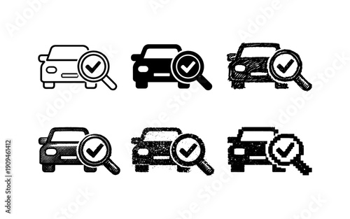 Set of car inspection icons with magnifying glass and checkmark in various styles