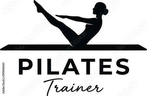 A modern black silhouette logo representing a pilates trainer or fitness studio with a person exercising on a mat