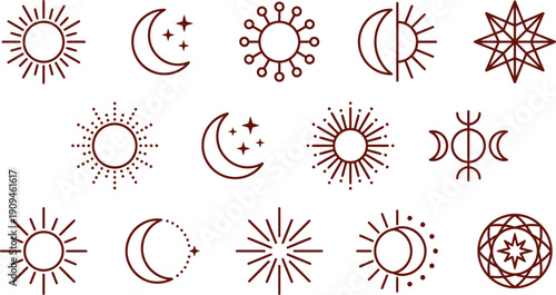 A collection of mystical celestial sun moon and star line art icons perfect for spiritual branding