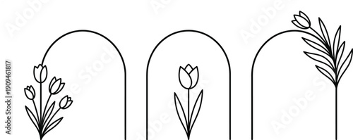 Elegant minimalist line art botanical arch designs perfect for bohemian wedding invitations or decorative home decor