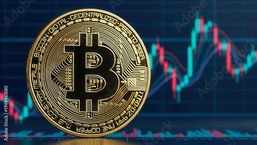 Golden bitcoin cryptocurrency coin with a background of a volatile digital trading chart