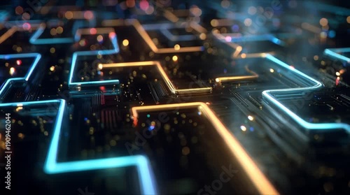 High-speed data processing and digital light trails on futuristic microchip circuit (AI Generated)