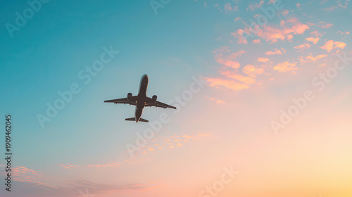 A large jet plane is flying through a beautiful blue sky with a pink