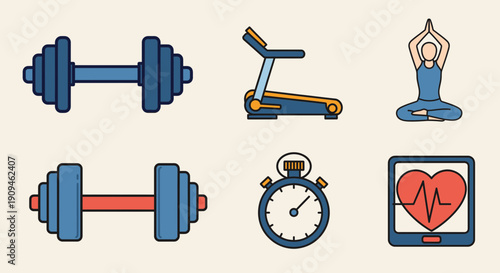 Collection of stylized fitness and workout equipment icons representing healthy lifestyle activities
