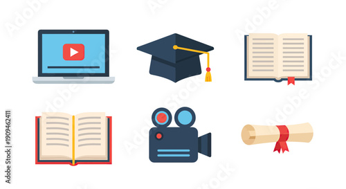 Collection of educational icons representing online learning, graduation, and academic achievement