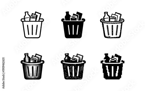 Collection of diverse trash can icons filled with recyclable materials and waste