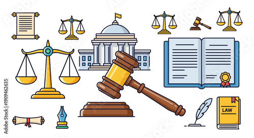 Collection of flat design legal icons representing justice, judgment, and governmental authority structures.