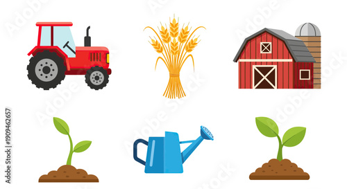 Collection of essential farming icons including tractor, barn, grain, and seedlings