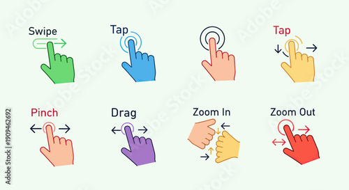 Collection of illustrated touchscreen gestures including swipe, tap, pinch, and zoom movements