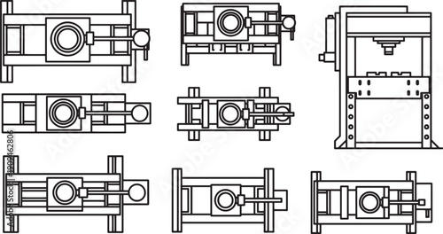 Mechanical Press Line Illustration. Representing heavy industry equipment and tools, with an architectural-style blueprint perspective.