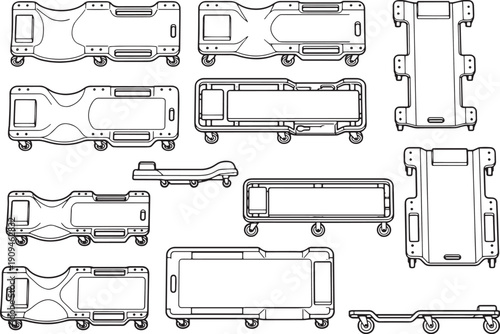 A detailed illustration showcases an array of hospital gurneys, each one meticulously outlined and poised to serve in moments of care.