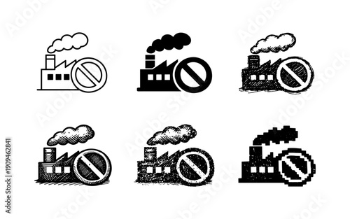 Set of factory icons with prohibition sign, representing industrial pollution control and restrictions