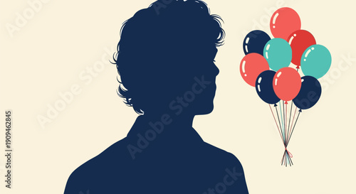 Silhouette of a person holding colorful balloons on a light background.