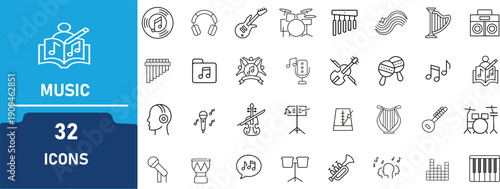 Music Instrument Line Art Icon Set – Audio, Sound, Band & Melody Vector Collection