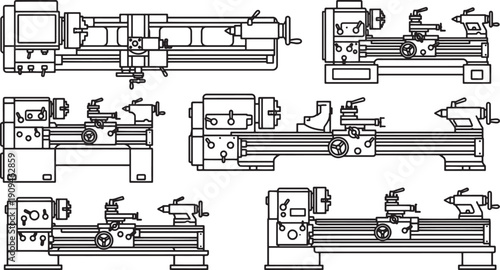 A detailed blueprint of lathes showcases the precise engineering and functionality of various industrial machines.