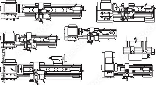 A schematic illustration of diverse lathes, depicting precision, engineering, and manufacturing.