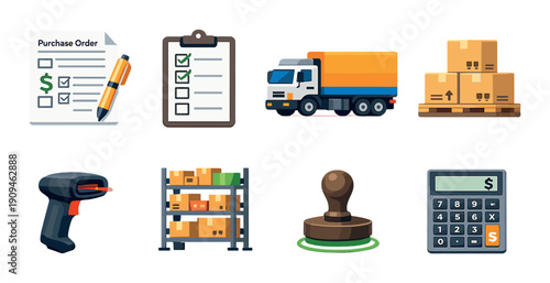Supply chain management icons: purchase order, logistics, inventory, shipping