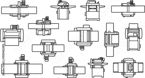 Blueprint-style technical drawings of industrial machinery components, highlighting precision and intricate engineering.