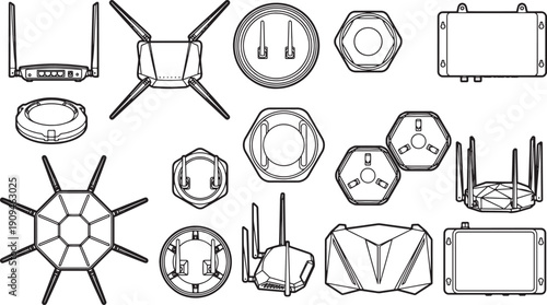 A detailed monochrome graphic featuring a variety of router designs and related network component, perfect for illustrative and technological purposes. 