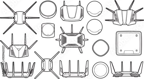 Collection of high-tech routers showcasing different views. Modern design with multiple antennas. This is perfect for illustrating technology, communication and connectivity.