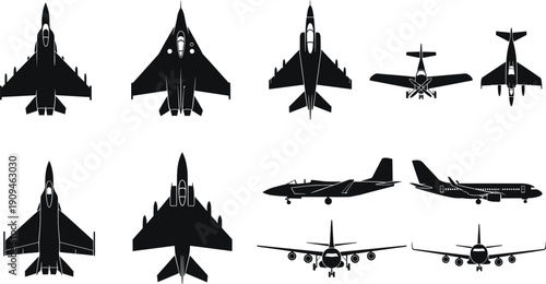 Military fighter jets and commercial airplanes silhouette collection showing top, front, side and rear views, modern aviation aircraft set isolated on white background
