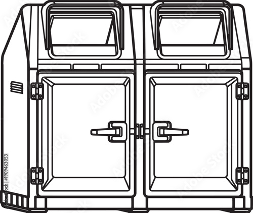A detailed line art of industrial waste bins, perfect for illustrating waste management and recycling concepts.