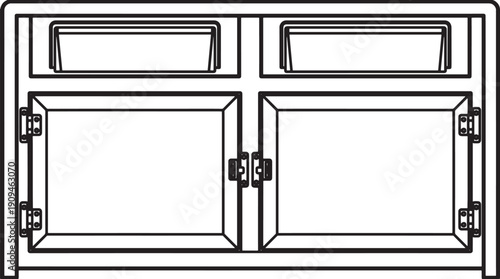 A detailed line drawing of a charming window with a traditional design, perfect for architectural visualization and design projects. 