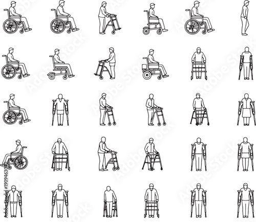 Line art illustrations depicting various aids and conditions, representing mobility and challenges people face in everyday life. 