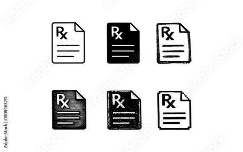 Collection of six different prescription icons representing medical orders and healthcare services