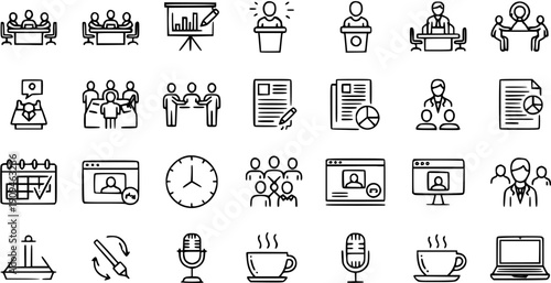 Business Meeting and Conference Line Icons Set: Remote Work, Team Collaboration, Presentation, Online Communication, and Office Activities