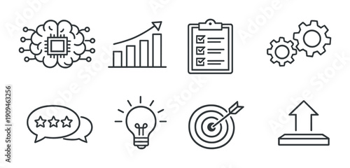 Business strategy icons: analytics, goals, innovation, communication, progress