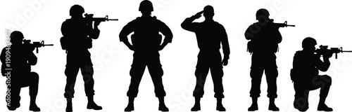 Military soldiers silhouette set with armed forces in different poses isolated on white background, tactical army team vector illustration for defense and security design