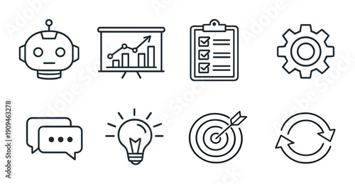 Business and technology icons: robot, analytics, tasks, settings, communication, innovation, target, synchronization