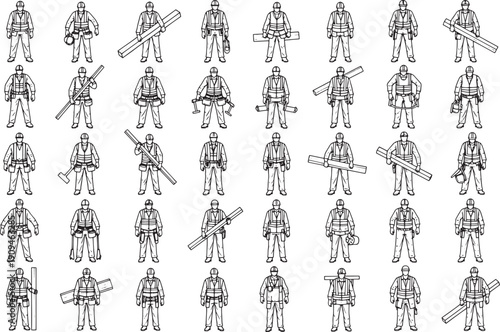 Firefighter uniform icon illustration set, showing different pose and equipment, designed for graphic resource.