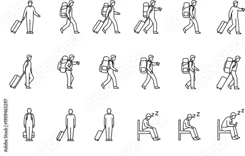 A traveler's journey in diverse stages shown in a series of line art images capturing different activities.