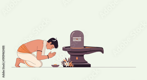 Man worshipping Shiva Lingam in traditional Hindu ritual.