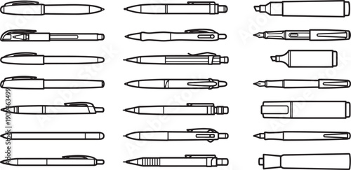 A collection of assorted pens, arranged in a visually appealing grid, presenting an array of design and functionality, ready for creative expression.