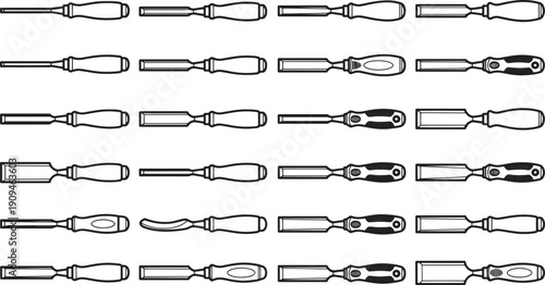 Rows of precision tools are meticulously arranged, showcasing the sharp angles and ergonomic designs of woodworking chisels in a detailed, technical illustration.
