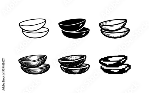 Collection of six different styles of contact lens icons, including line art, solid fill, and pixel art