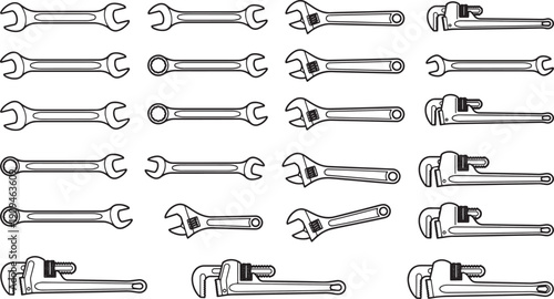 An array of wrenches arranged in an organized pattern, depicting various types for different tasks, emphasizing functionality and design.