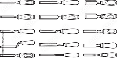 Artisanal tools, crafted with precision, lined up for the task at hand. Detailed illustration of assorted chisels and woodworking essentials.