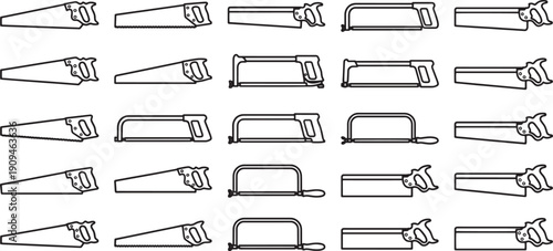 A collection of hand saws, meticulously displayed, with a variety of blades, representing the core tools of trade. 