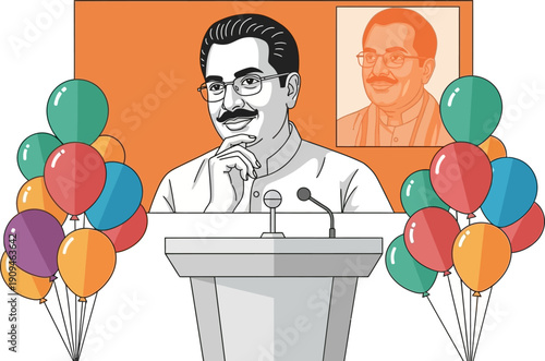 Man giving a speech at a podium with balloons and portrait.