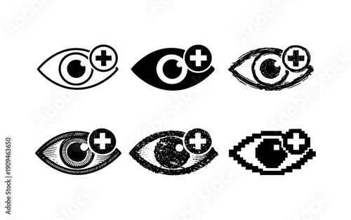Collection of six different eye icons with a plus symbol, representing various styles and formats