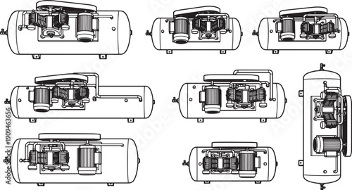 Various viewpoints of a compressed air tank showcasing industrial equipment, illustrating power and functionality.