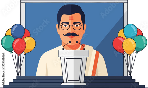 Man with mustache standing behind podium with colorful balloons.