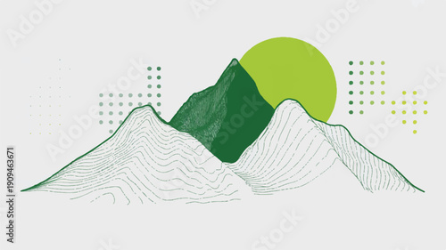 A minimalist digital illustration of mountain peaks rendered in a wireframe style with green and white colors (4)_traced