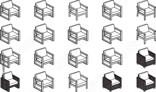 An array of minimalist armchairs artfully arranged, creating a visually engaging pattern with slight variations in the design and tone.