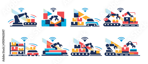 Industrial automation and smart technology icons - robotics, automation, connectivity, efficiency