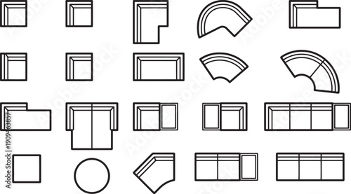 Architectural layouts showcasing various seating arrangements, with a modern, minimalist design, ready to inspire interior projects and design schemes.